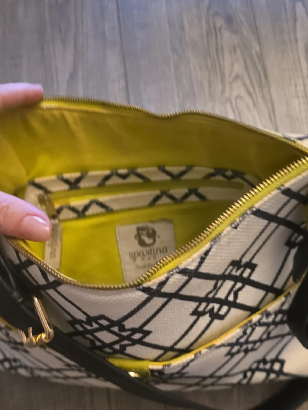 Spartina 449 Cream Canvas Shoulder Bag+ Wallet W/Black Lattice and Yellow Accent